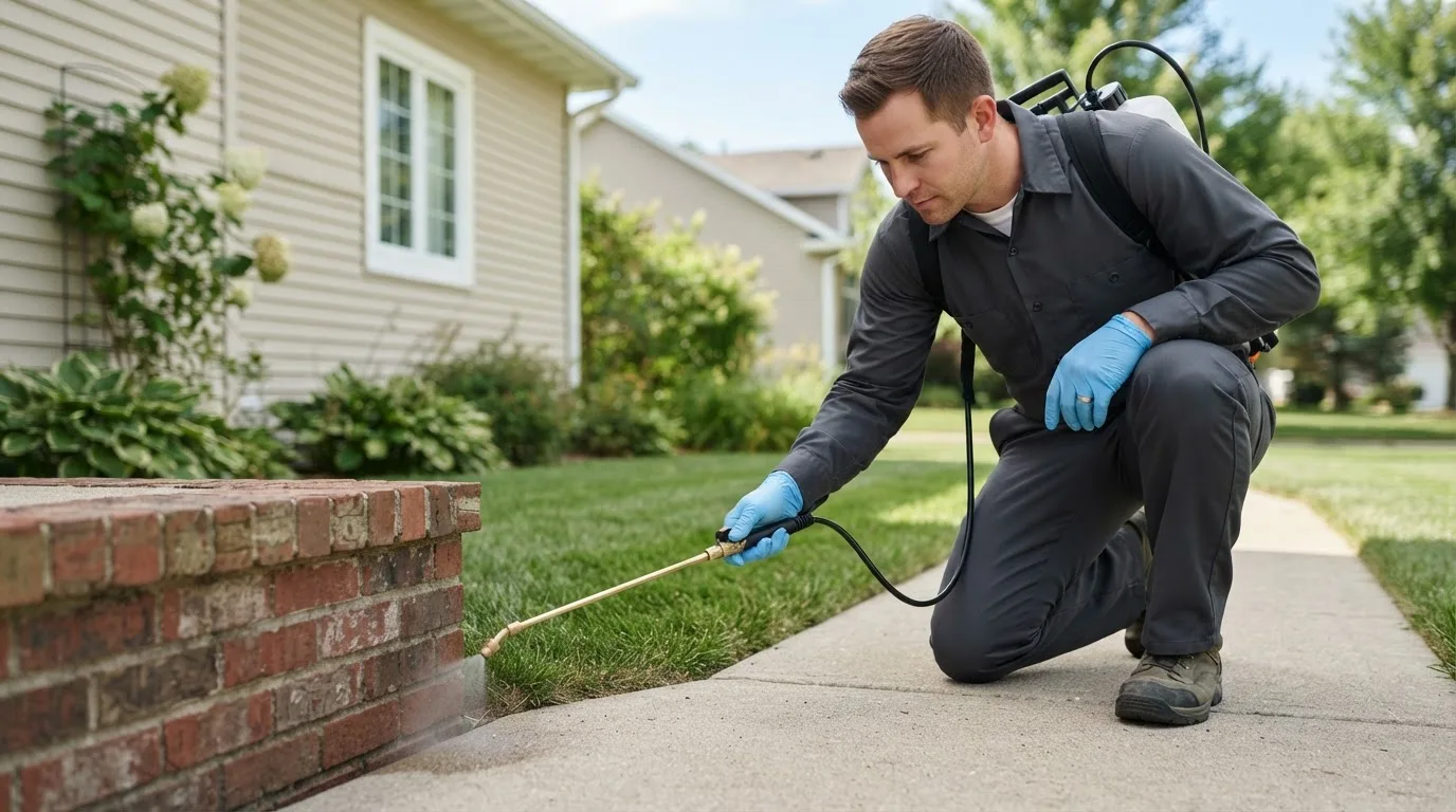 Pest control technician treating a home near Rushmore, MN